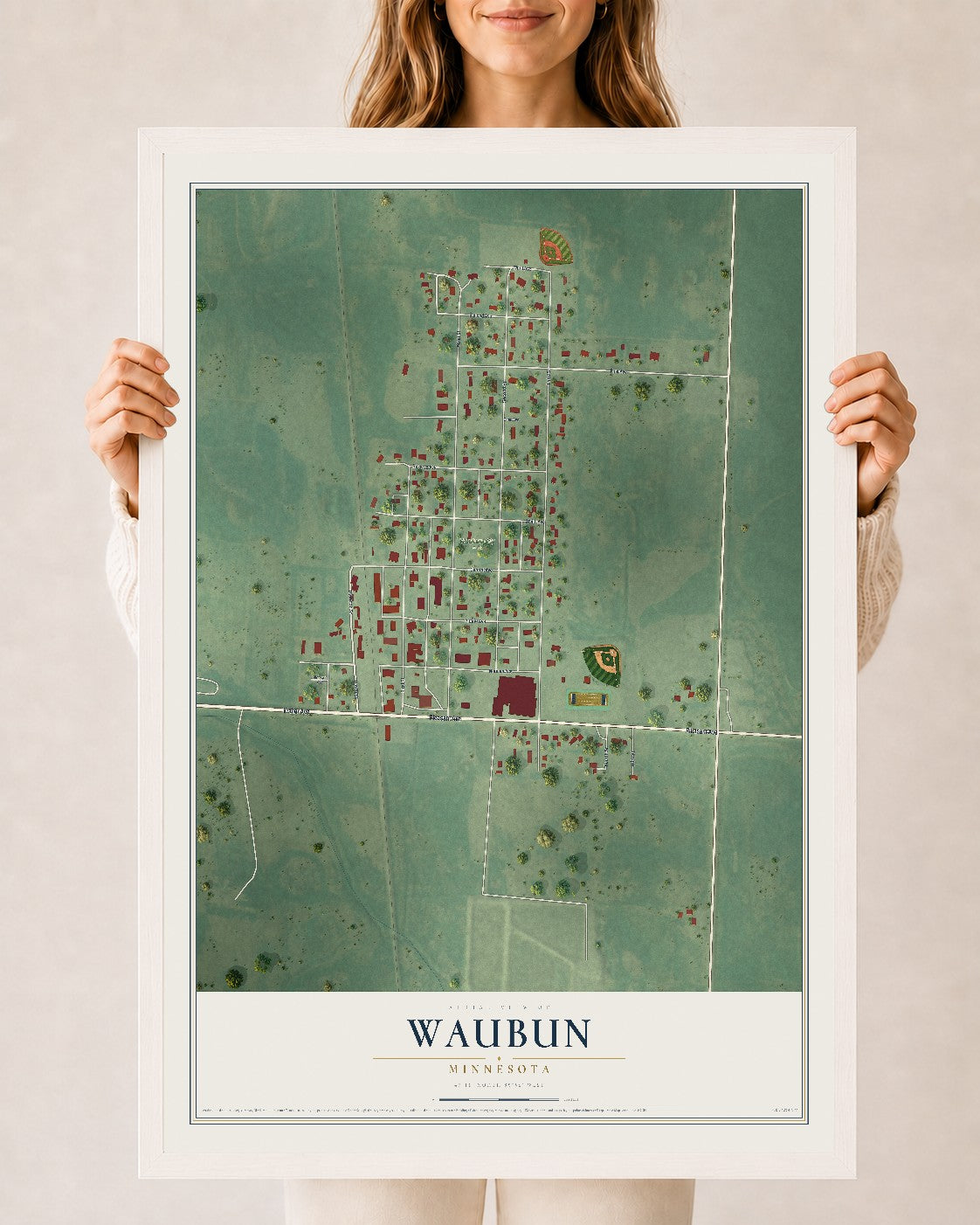 Map of Waubun, Minnesota, 24 x 36 inch print in a white wood frame