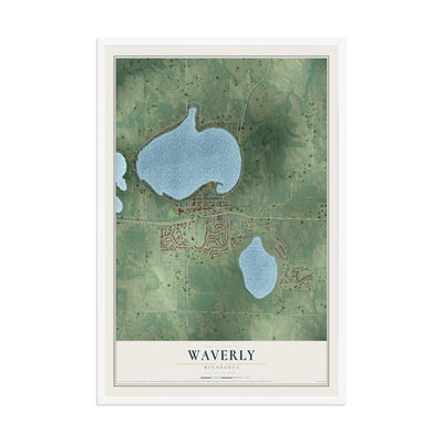 Map of Waverly, Minnesota, 12 x 18 inch print in a white wood frame