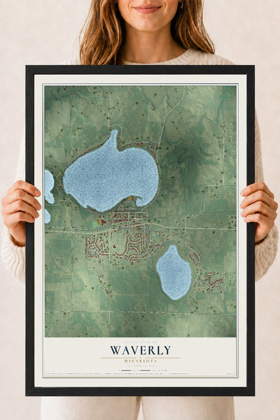 Map of Waverly, Minnesota, 18 x 24 inch print in a black wood frame