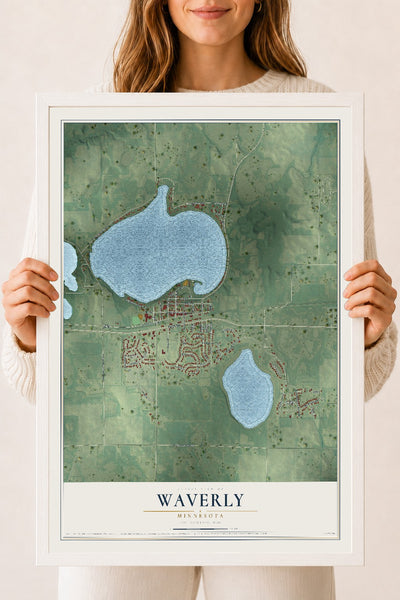 Map of Waverly, Minnesota, 18 x 24 inch print in a white wood frame