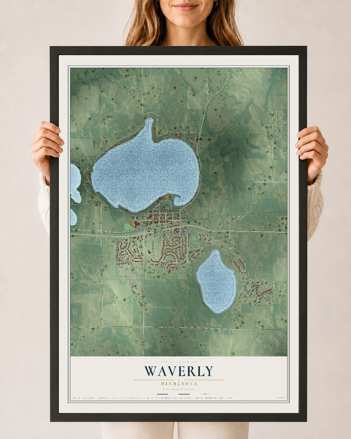 Map of Waverly, Minnesota, 24 x 36 inch print in a black wood frame