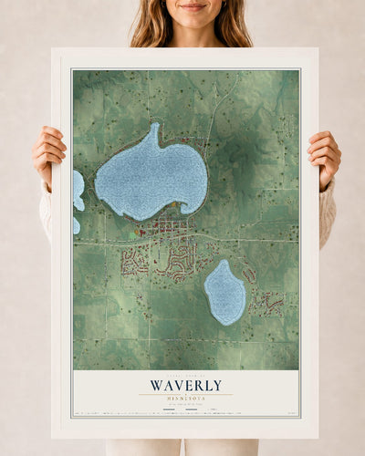 Map of Waverly, Minnesota, 24 x 36 inch print in a white wood frame