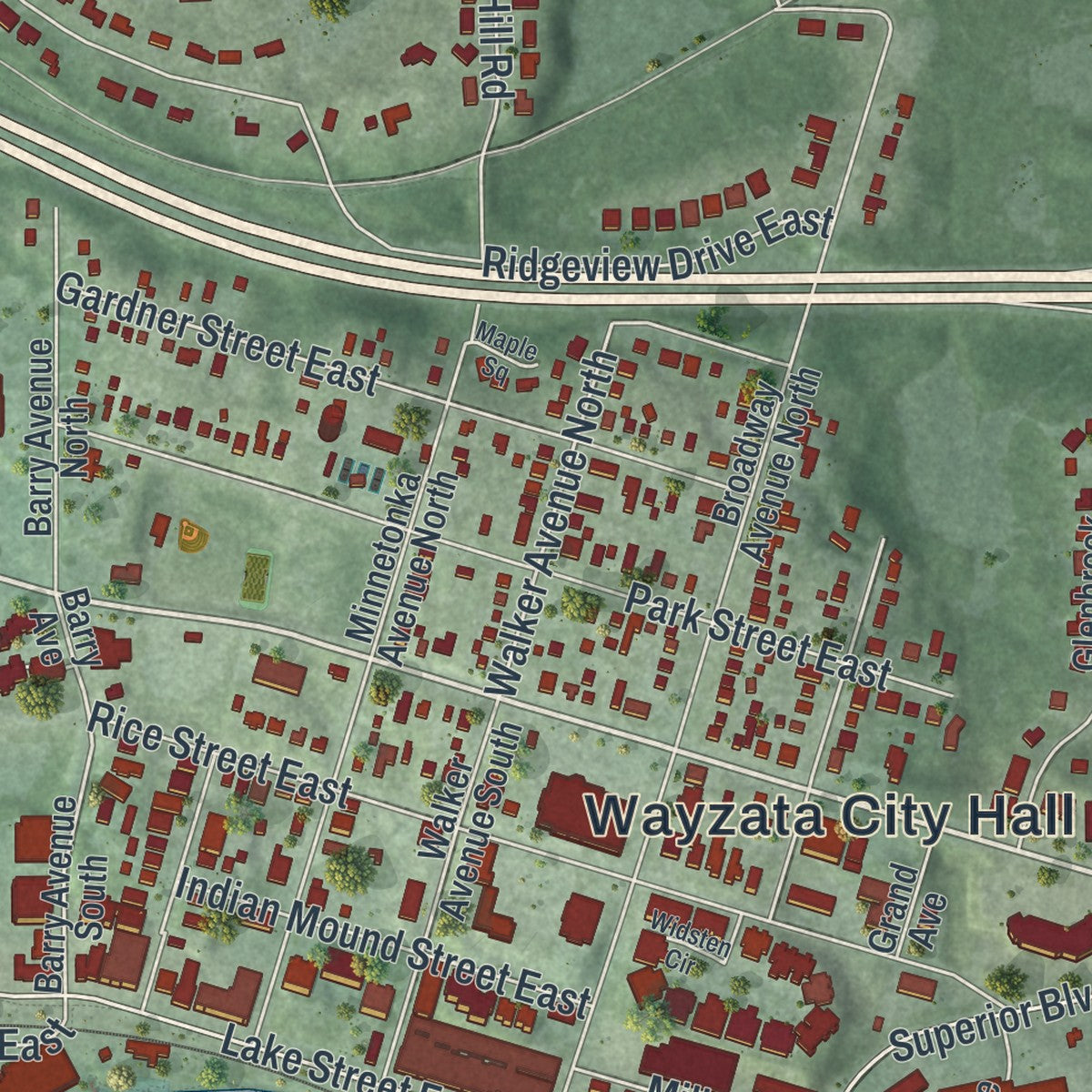 Close-up of the map of Wayzata, Minnesota print showing street and building detail