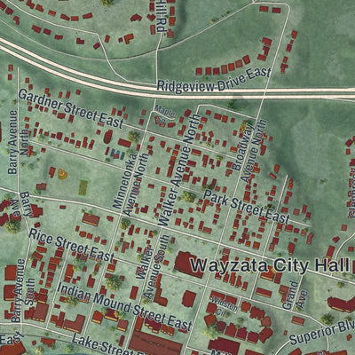 Close-up of the map of Wayzata, Minnesota print showing street and building detail