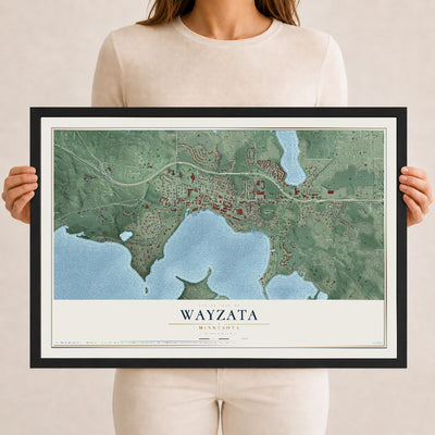Map of Wayzata, Minnesota, 12 x 18 inch print in a black wood frame