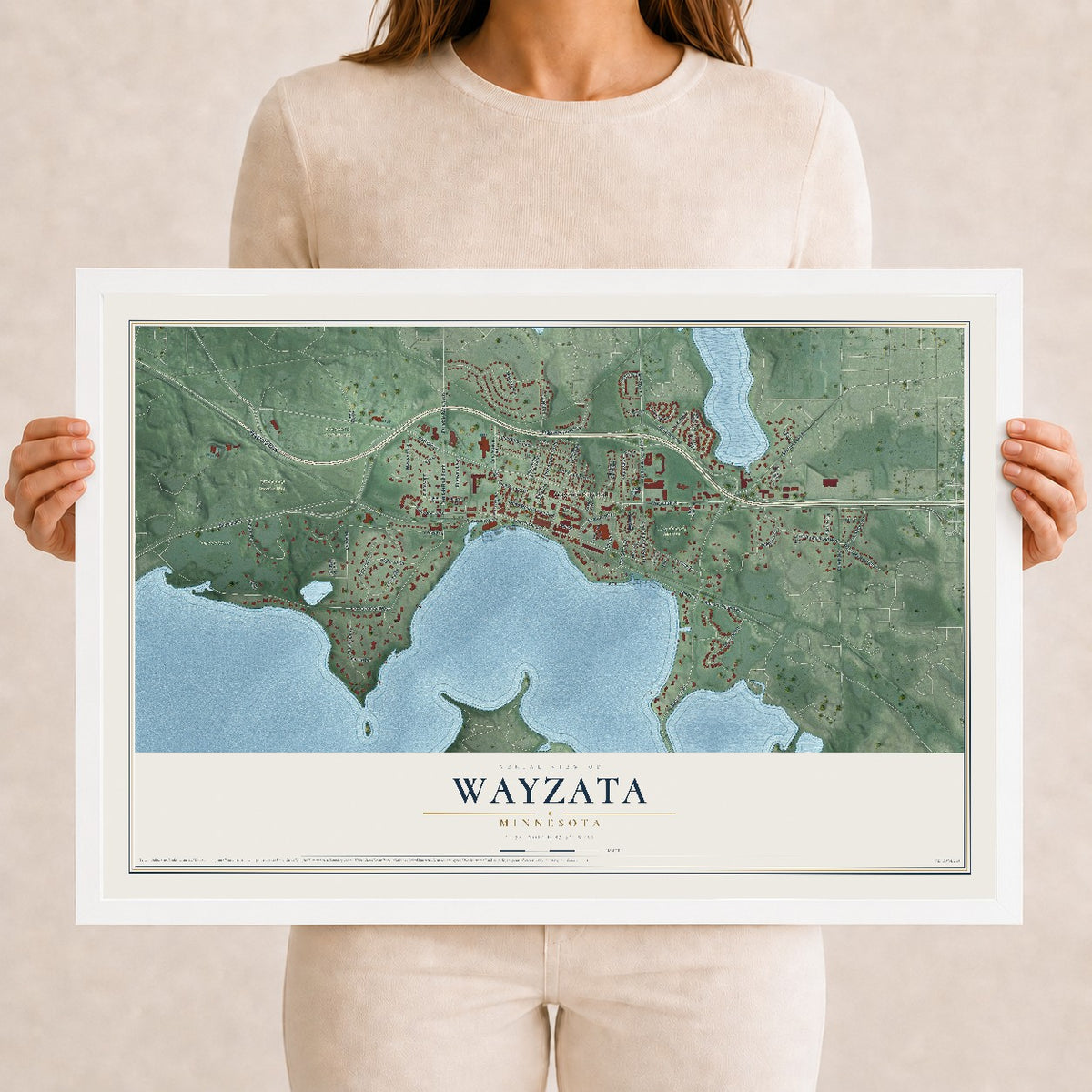 Map of Wayzata, Minnesota, 12 x 18 inch print in a white wood frame