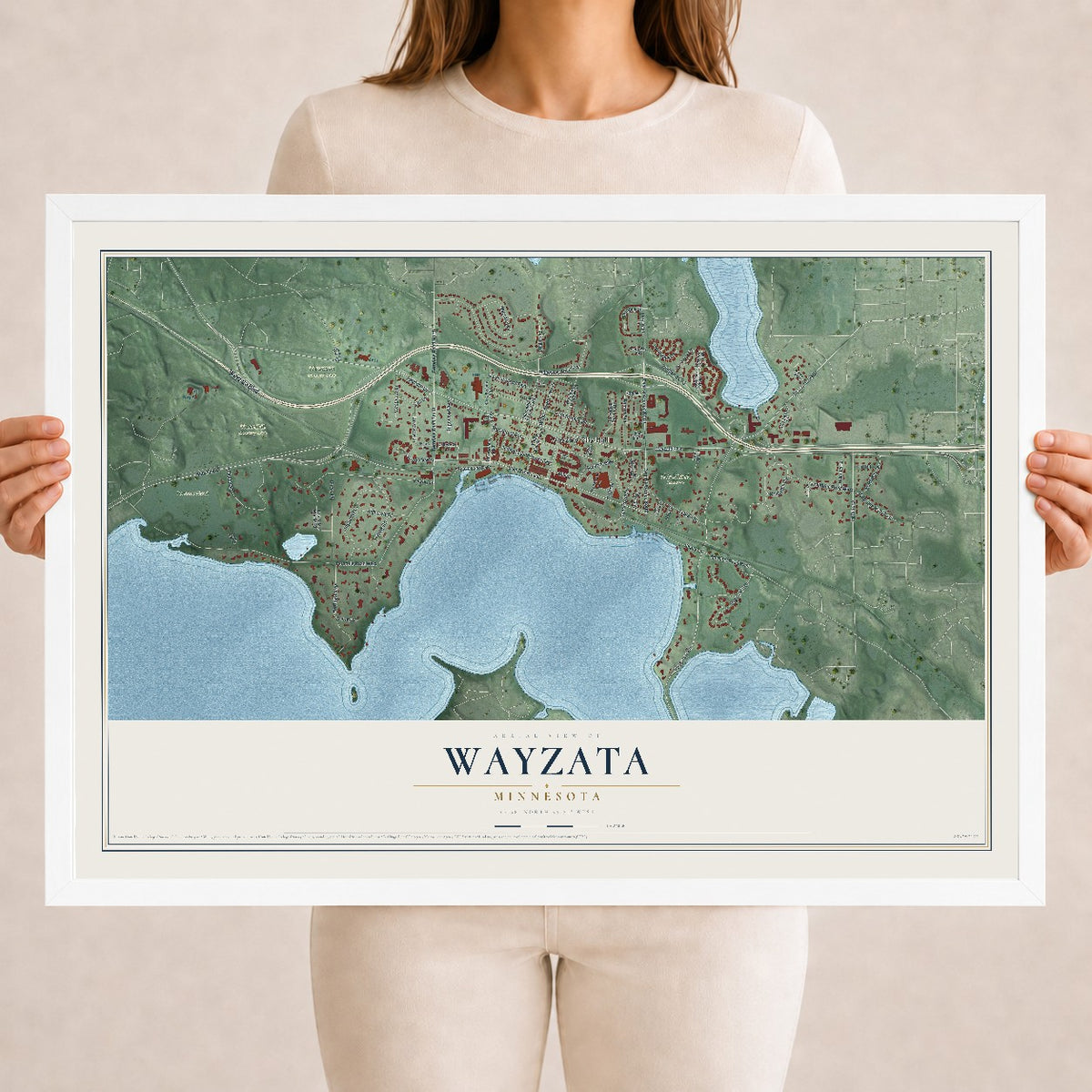 Map of Wayzata, Minnesota, 18 x 24 inch print in a white wood frame