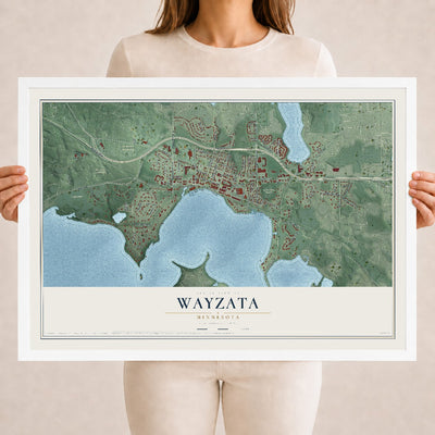 Map of Wayzata, Minnesota, 18 x 24 inch print in a white wood frame