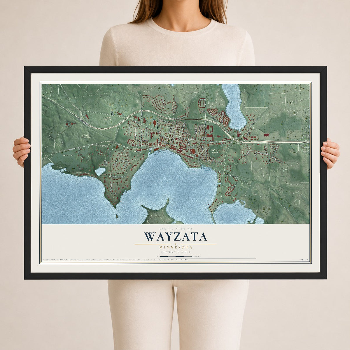 Map of Wayzata, Minnesota, 24 x 36 inch print in a black wood frame