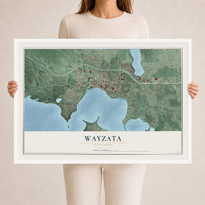 Map of Wayzata, Minnesota, 24 x 36 inch print in a white wood frame