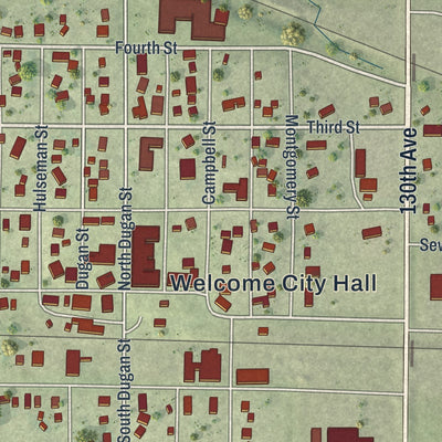Close-up of the map of Welcome, Minnesota print showing street and building detail