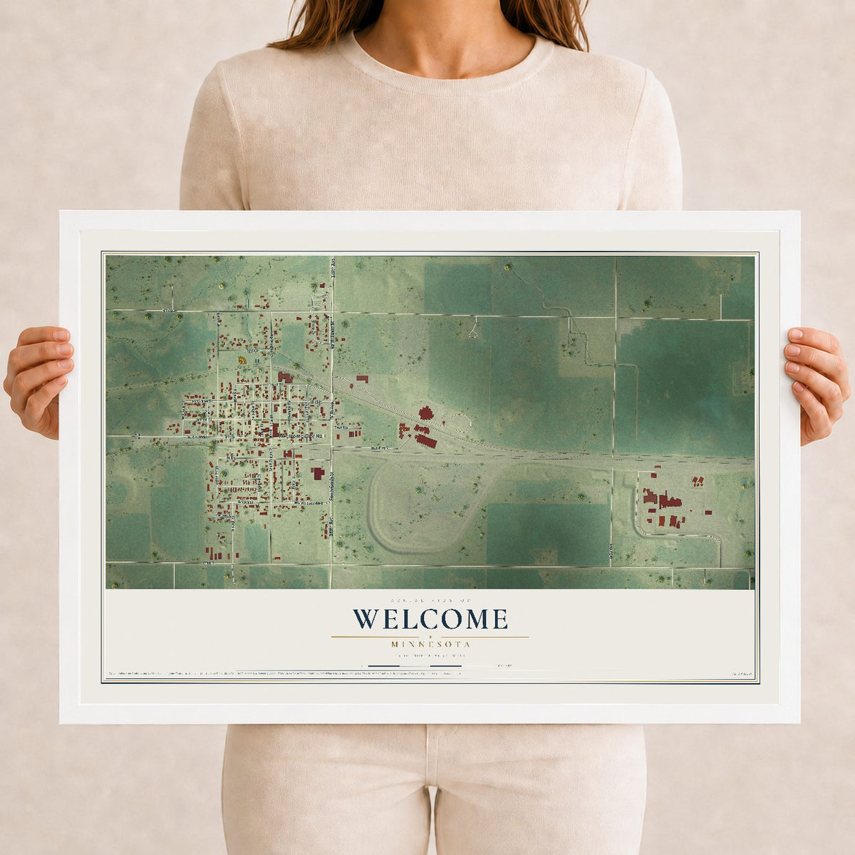Map of Welcome, Minnesota, 12 x 18 inch print in a white wood frame