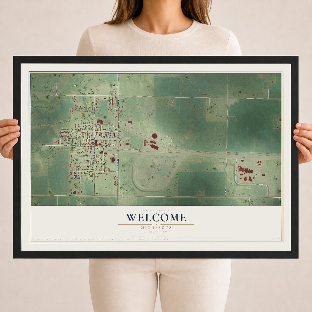 Map of Welcome, Minnesota, 18 x 24 inch print in a black wood frame