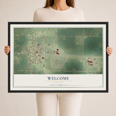 Map of Welcome, Minnesota, 24 x 36 inch print in a black wood frame