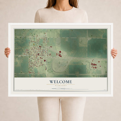 Map of Welcome, Minnesota, 24 x 36 inch print in a white wood frame