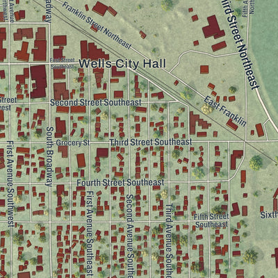 Close-up of the map of Wells, Minnesota print showing street and building detail