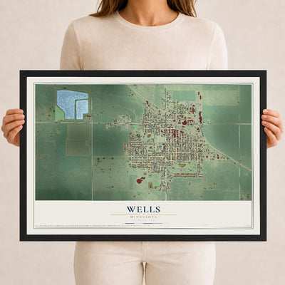 Map of Wells, Minnesota, 12 x 18 inch print in a black wood frame