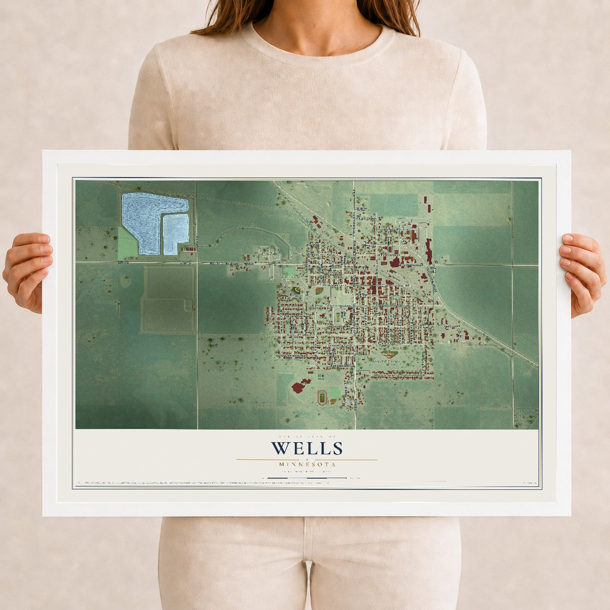 Map of Wells, Minnesota, 12 x 18 inch print in a white wood frame
