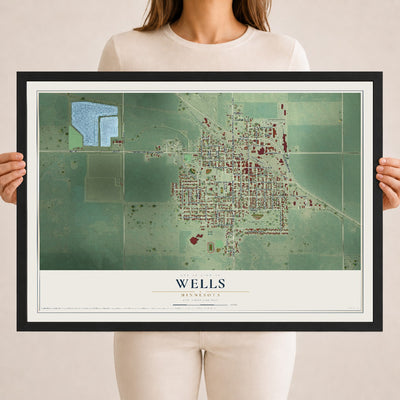 Map of Wells, Minnesota, 18 x 24 inch print in a black wood frame