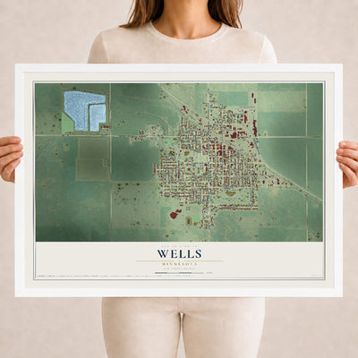 Map of Wells, Minnesota, 18 x 24 inch print in a white wood frame