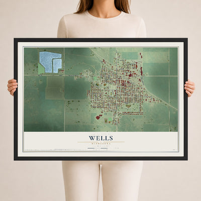 Map of Wells, Minnesota, 24 x 36 inch print in a black wood frame