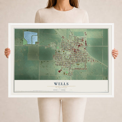 Map of Wells, Minnesota, 24 x 36 inch print in a white wood frame