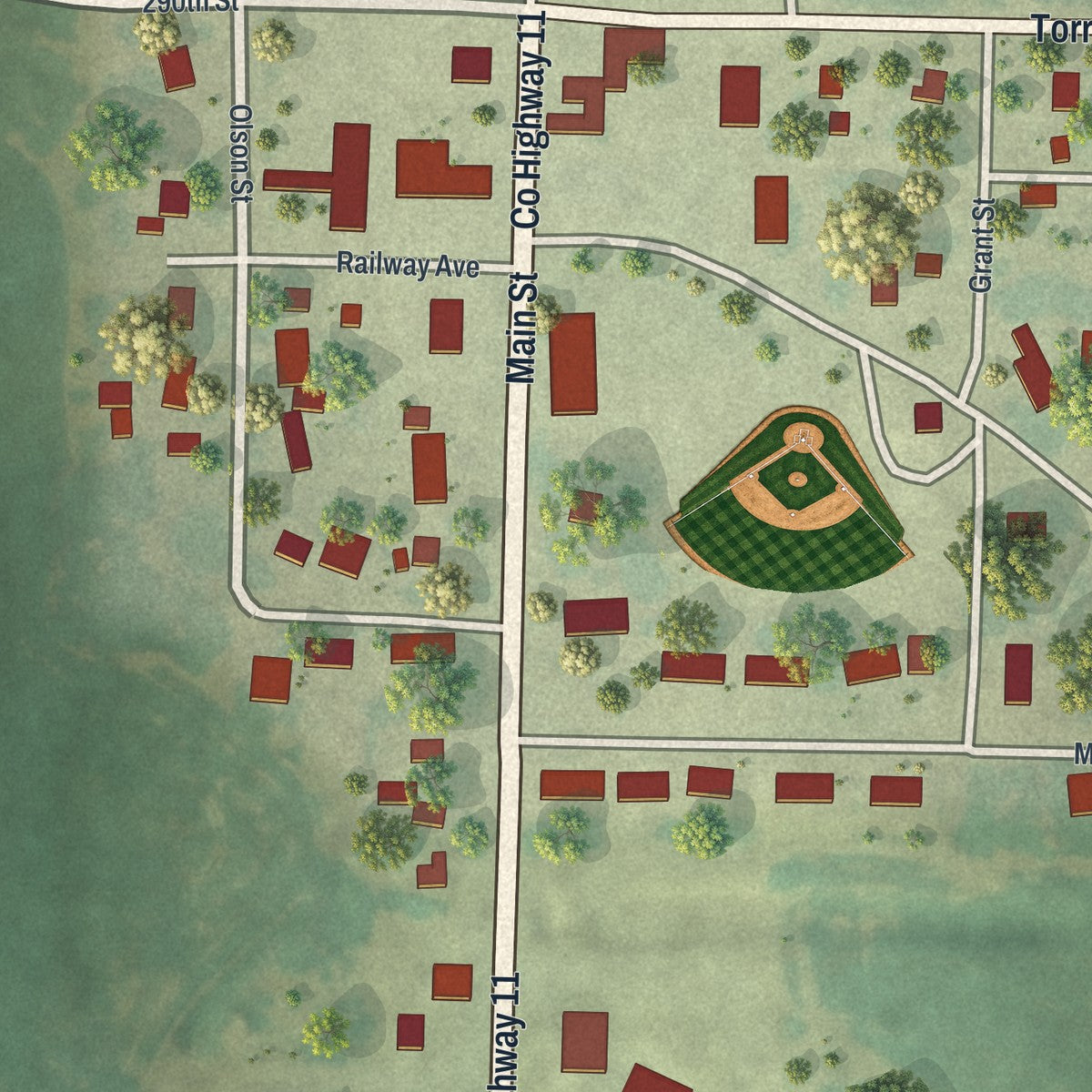 Close-up of the map of Wendell, Minnesota print showing street and building detail