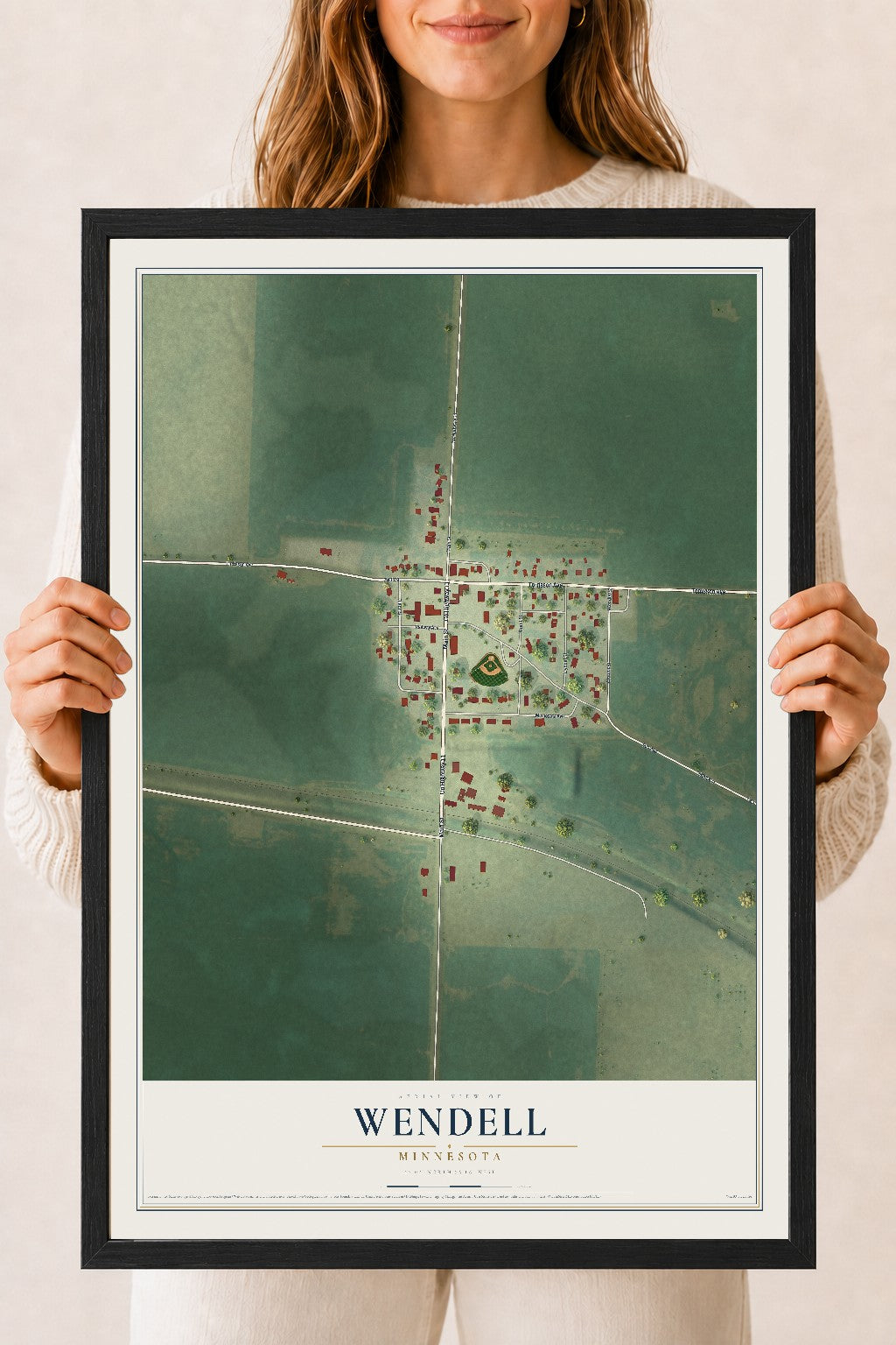 Map of Wendell, Minnesota, 18 x 24 inch print in a black wood frame