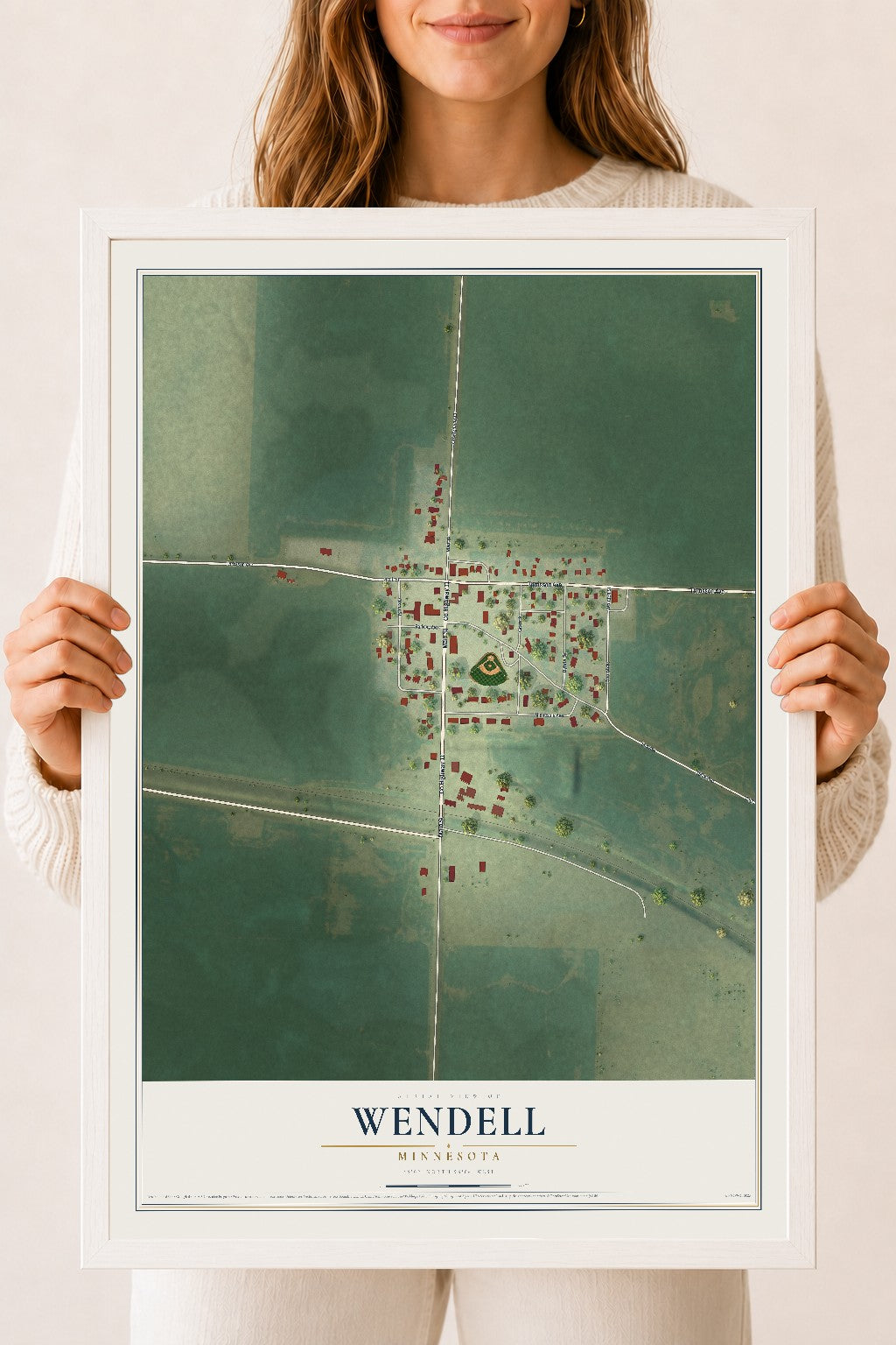 Map of Wendell, Minnesota, 18 x 24 inch print in a white wood frame