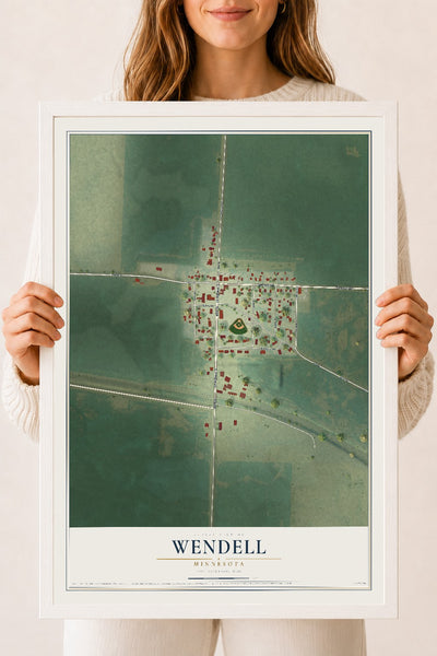 Map of Wendell, Minnesota, 18 x 24 inch print in a white wood frame