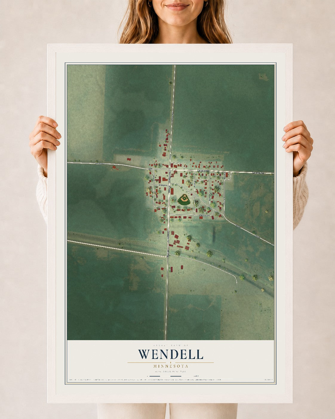 Map of Wendell, Minnesota, 24 x 36 inch print in a white wood frame