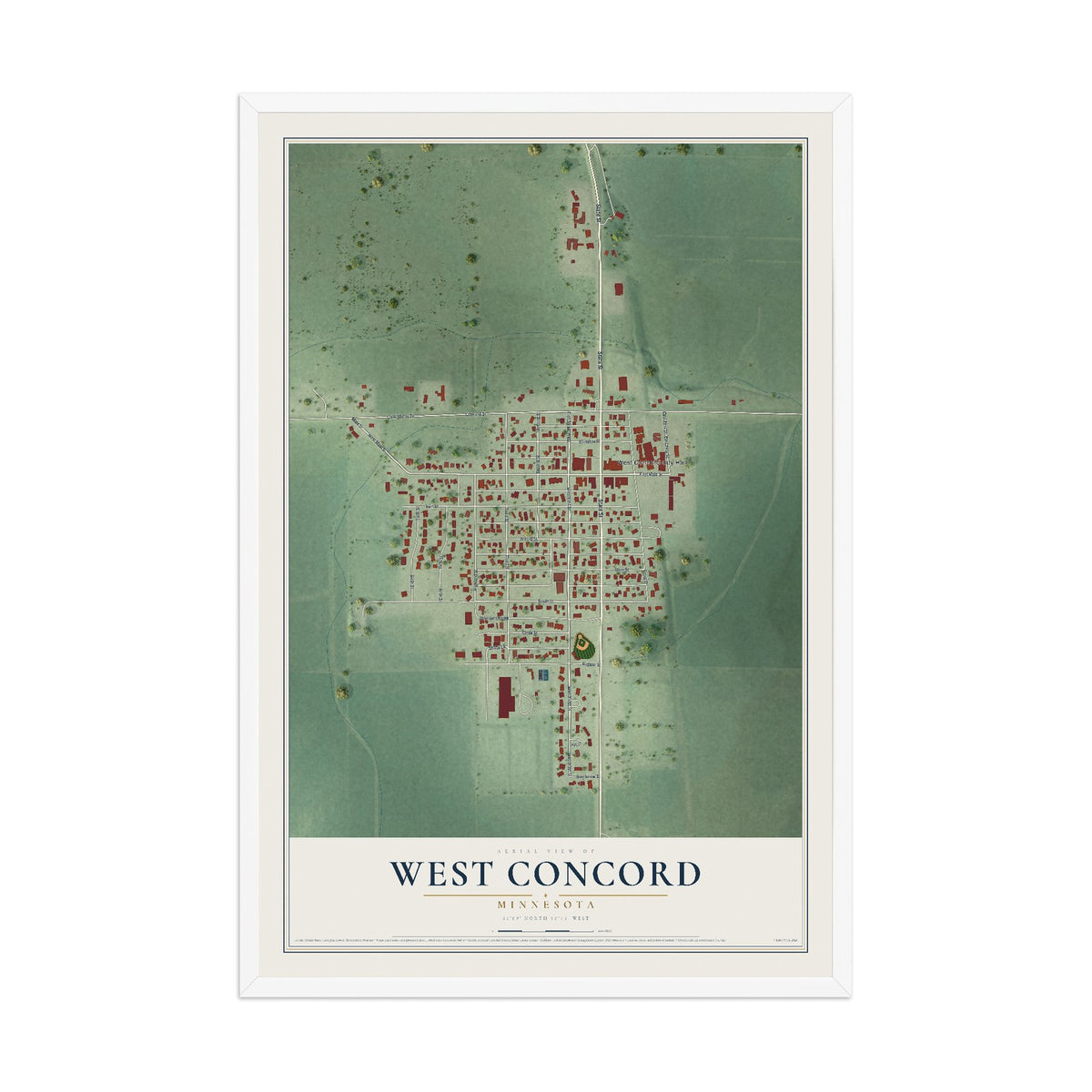 Map of West Concord, Minnesota, 12 x 18 inch print in a white wood frame