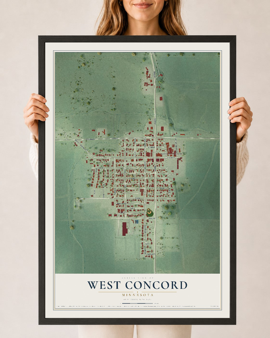 Map of West Concord, Minnesota, 24 x 36 inch print in a black wood frame