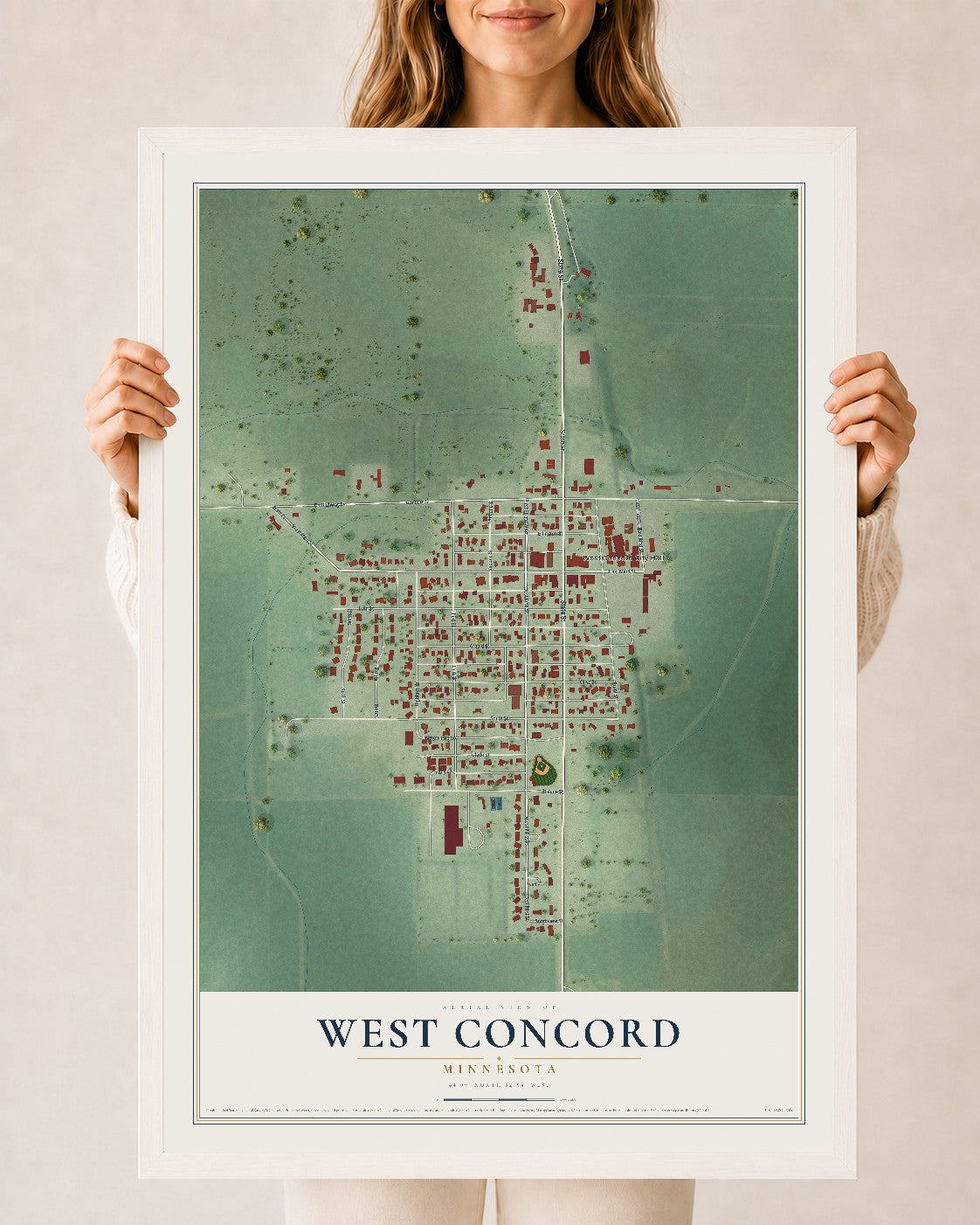 Map of West Concord, Minnesota, 24 x 36 inch print in a white wood frame