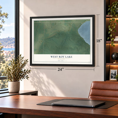 West Roy Lake, Minnesota map, 18 x 24 inch print in a black frame in a home office