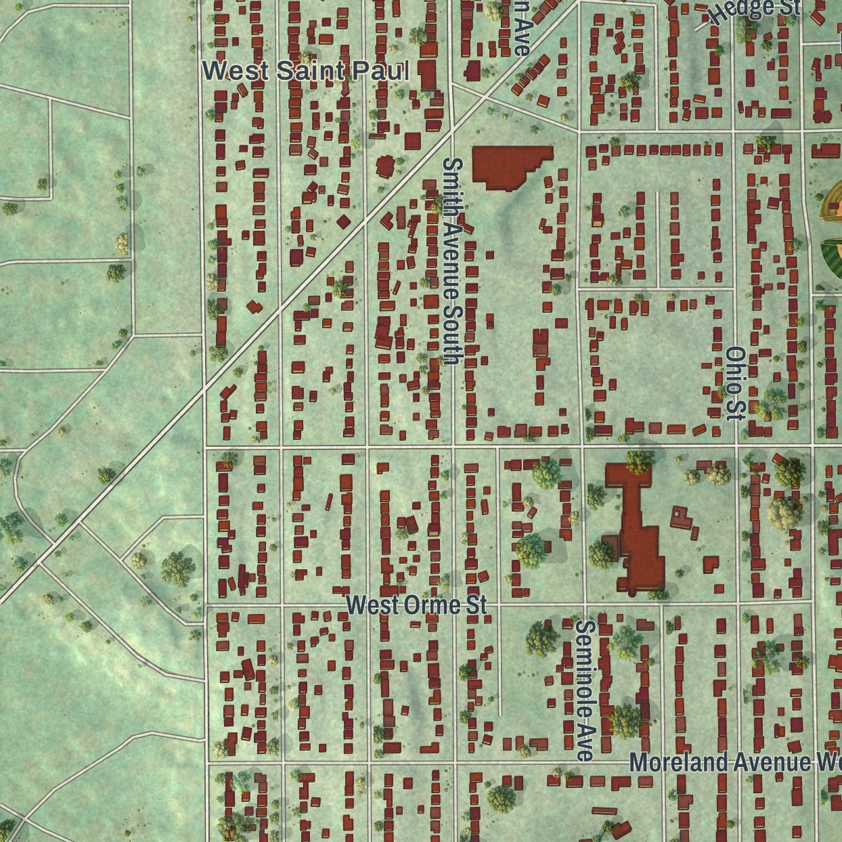 Second close-up of the map of West St. Paul, Minnesota print showing more streets and buildings