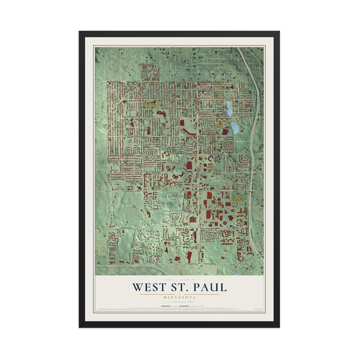 Map of West St. Paul, Minnesota, 12 x 18 inch print in a black wood frame
