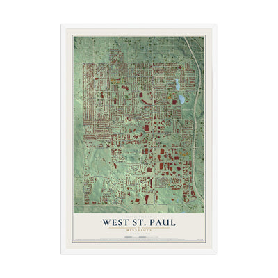 Map of West St. Paul, Minnesota, 12 x 18 inch print in a white wood frame