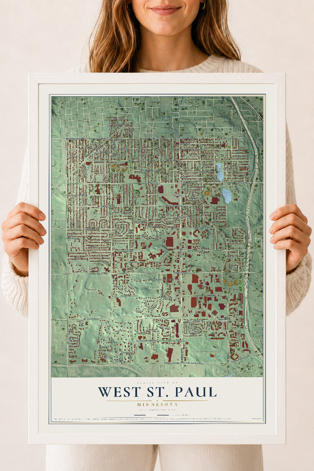 Map of West St. Paul, Minnesota, 18 x 24 inch print in a white wood frame
