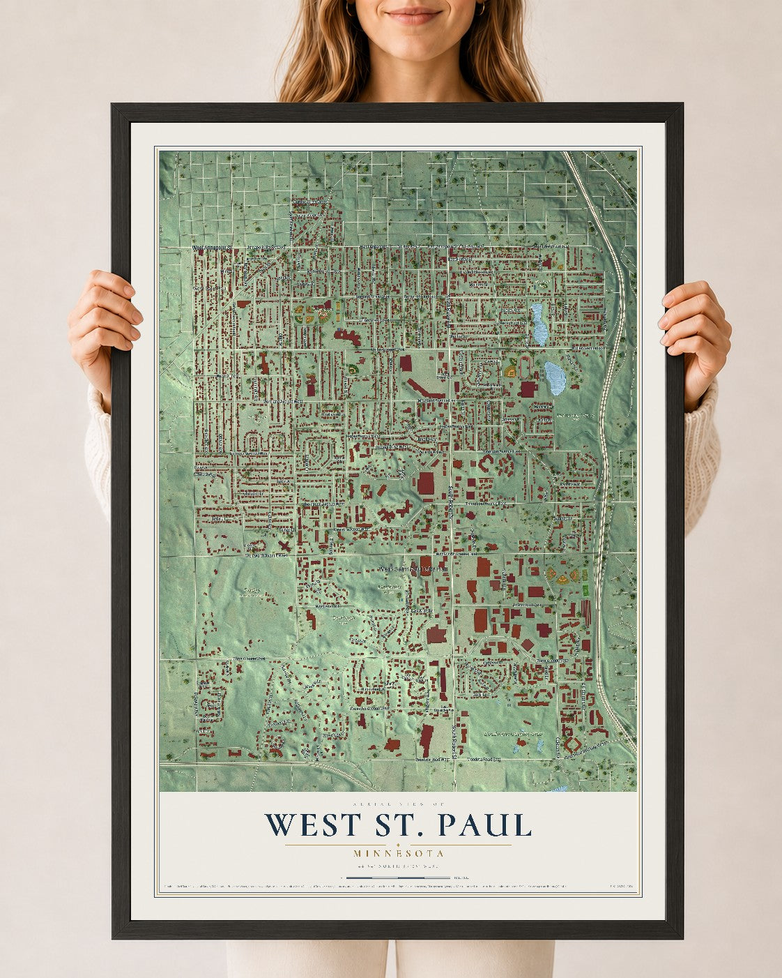 Map of West St. Paul, Minnesota, 24 x 36 inch print in a black wood frame