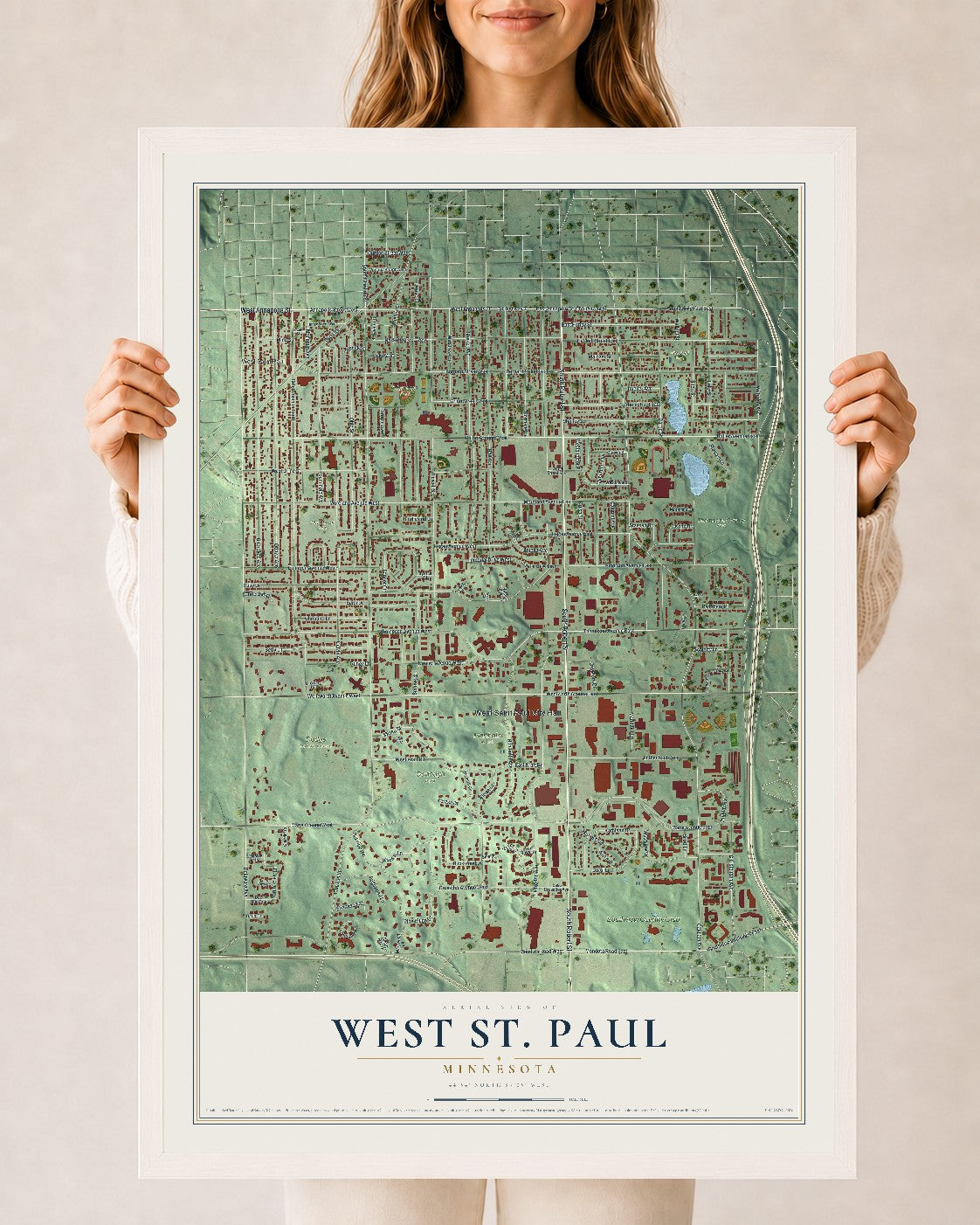 Map of West St. Paul, Minnesota, 24 x 36 inch print in a white wood frame