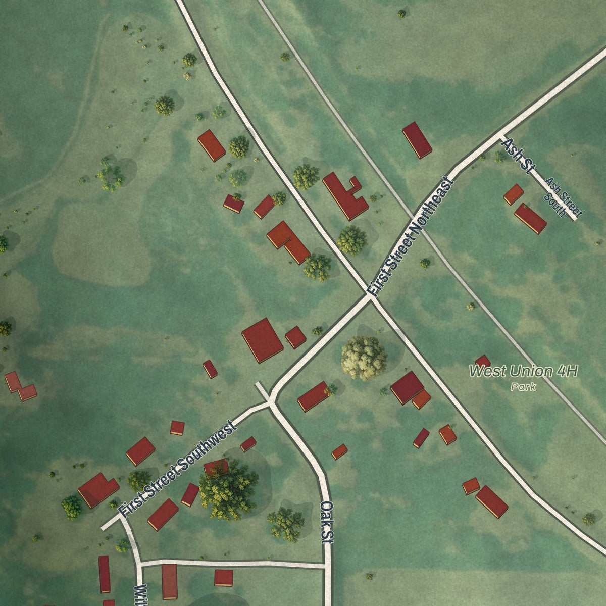 Second close-up of the map of West Union, Minnesota print showing more streets and buildings