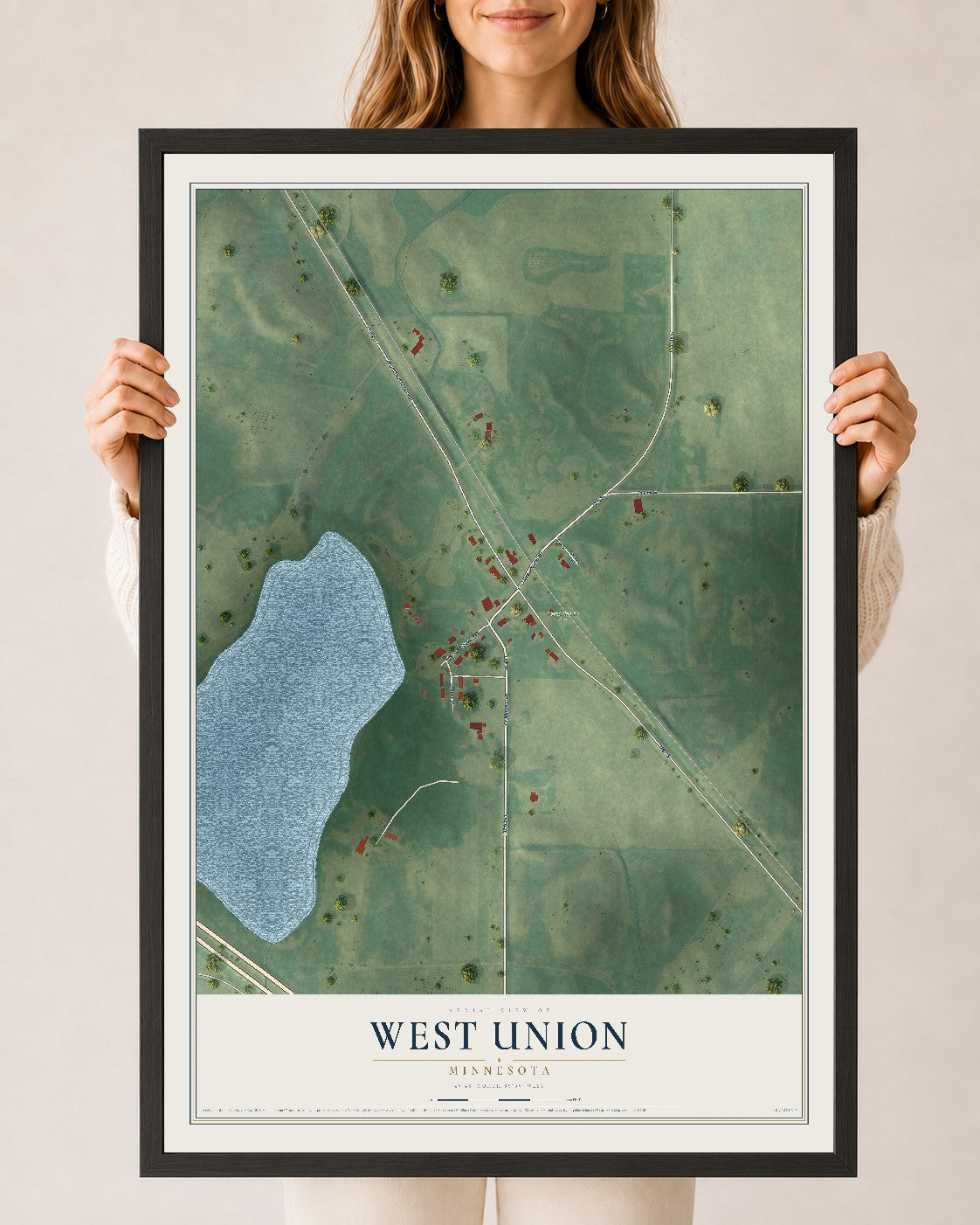 Map of West Union, Minnesota, 24 x 36 inch print in a black wood frame