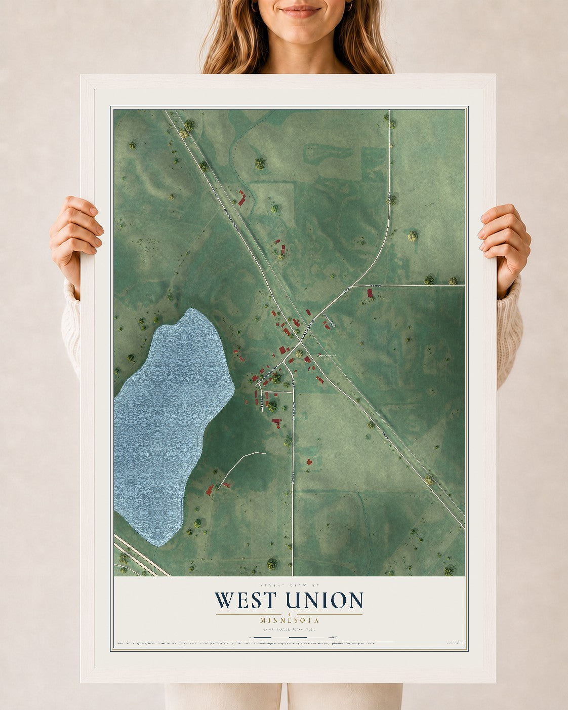Map of West Union, Minnesota, 24 x 36 inch print in a white wood frame