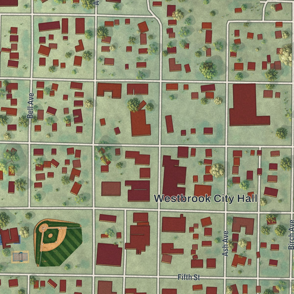 Close-up of the map of Westbrook, Minnesota print showing street and building detail