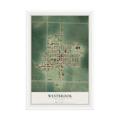 Map of Westbrook, Minnesota, 12 x 18 inch print in a white wood frame