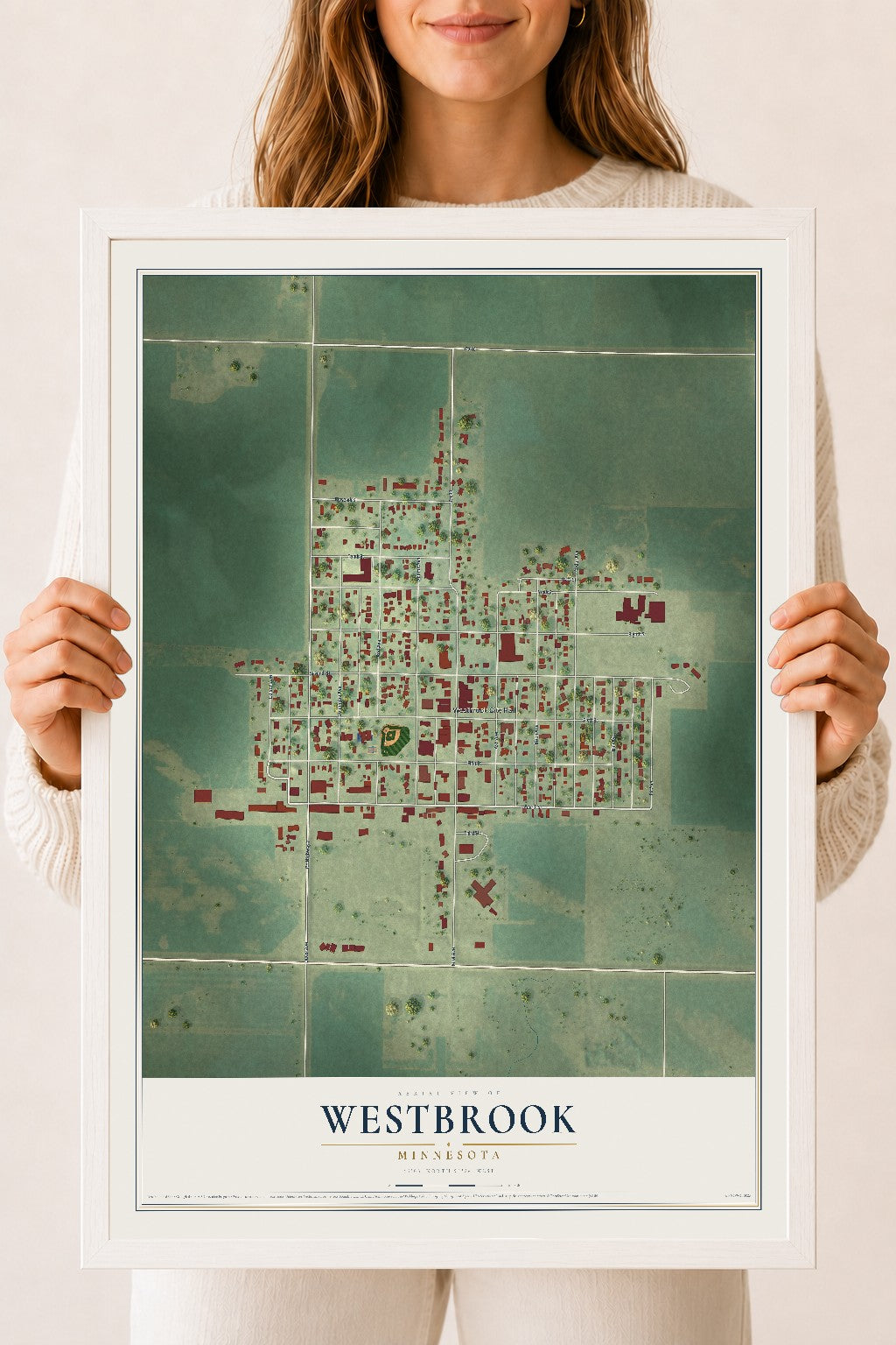 Map of Westbrook, Minnesota, 18 x 24 inch print in a white wood frame