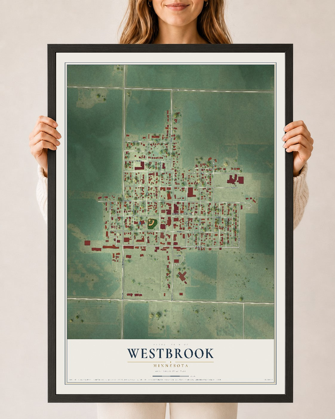 Map of Westbrook, Minnesota, 24 x 36 inch print in a black wood frame