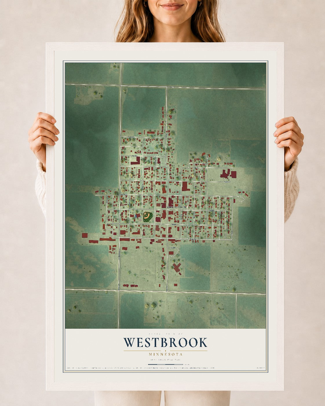 Map of Westbrook, Minnesota, 24 x 36 inch print in a white wood frame