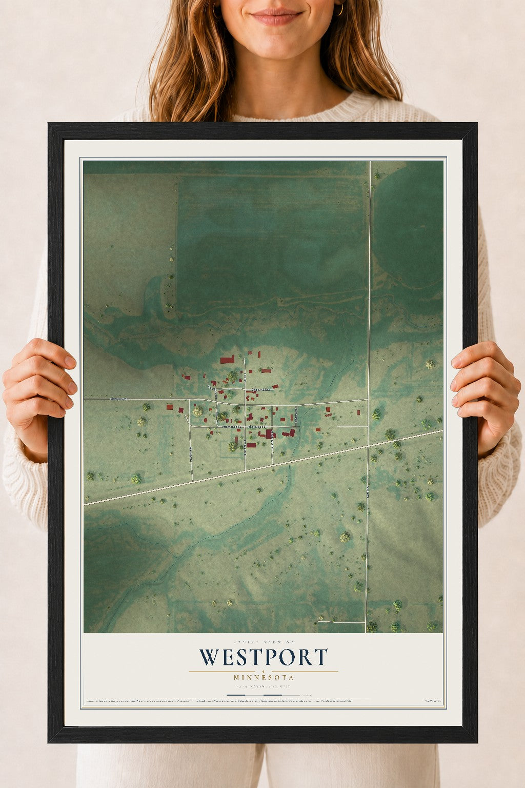Map of Westport, Minnesota, 18 x 24 inch print in a black wood frame